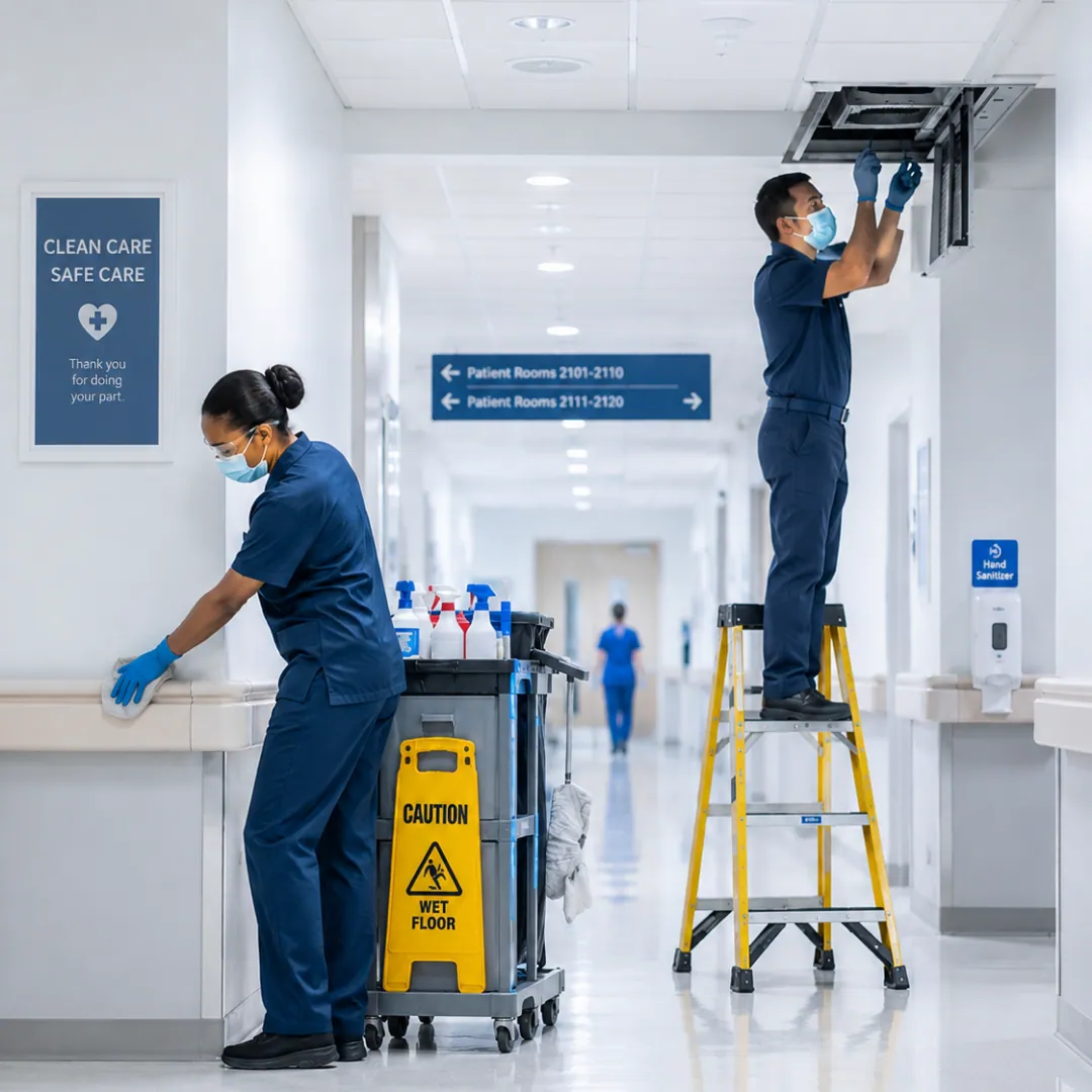 Personal de Grupo CCN desinfectando un barandal con carro de limpieza por colores mientras un técnico revisa una rejilla de ventilación en un pasillo de hospital