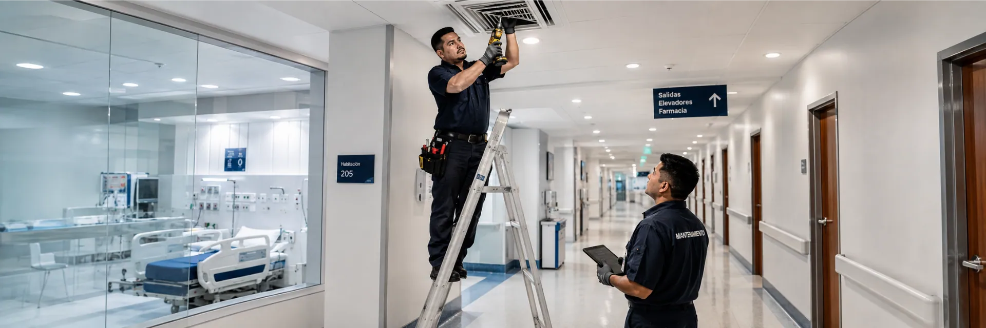 Técnico de mantenimiento de Grupo CCN revisando una rejilla de ventilación en el techo de un pasillo de hospital, con un compañero que registra en una tableta